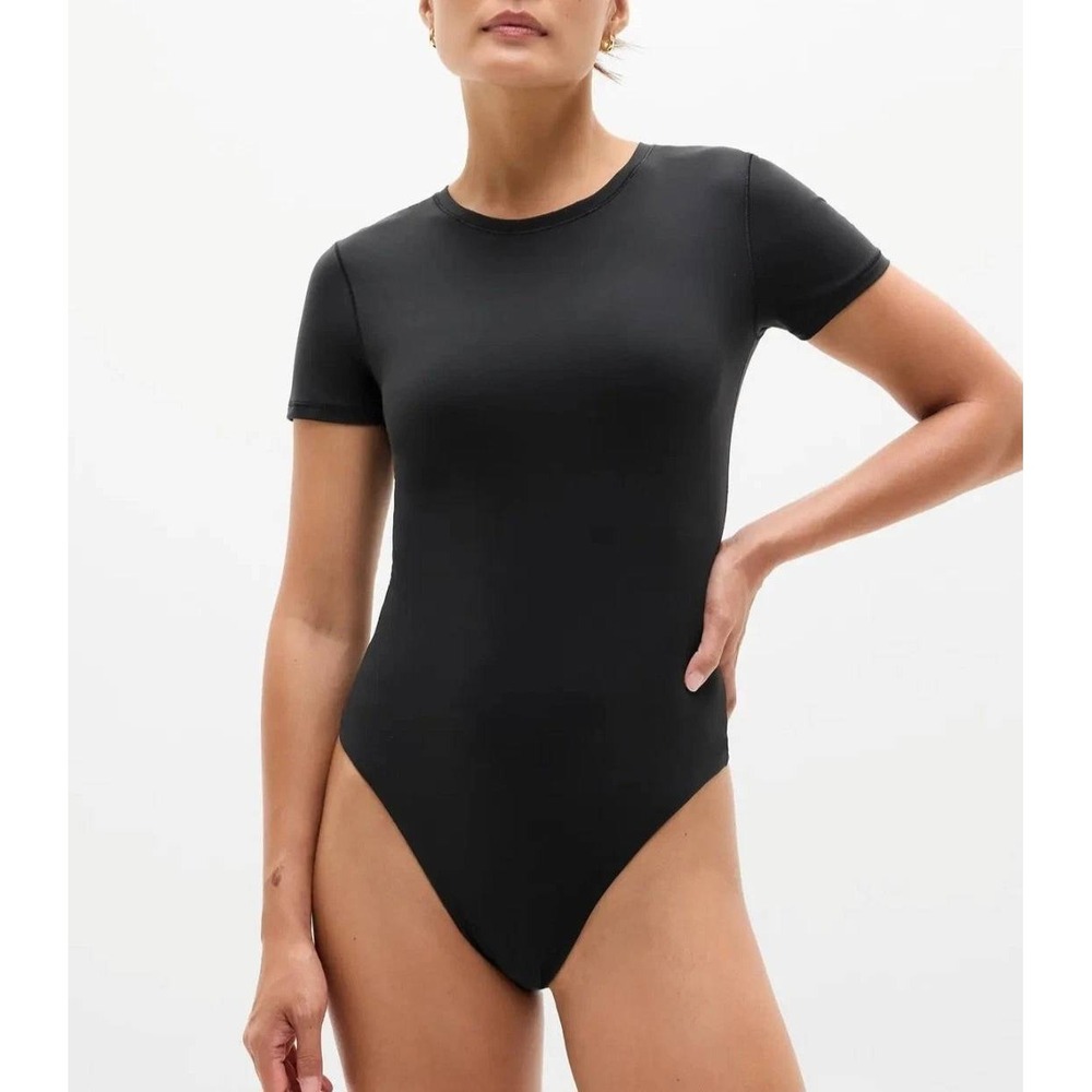 Athleta Bodysuit Women L Black Yoga Pilates Gym Workout Snap Thong‎ Performance